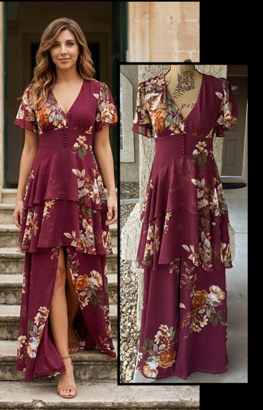 Lulus Tiered Floral Burgundy Open Tie Back Maxi Dress Size M